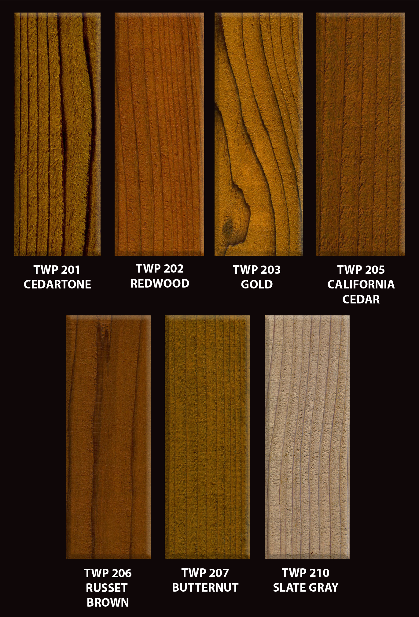TWP 200 Series Stain Samples | www.twpstain.com, image size:1371x2017